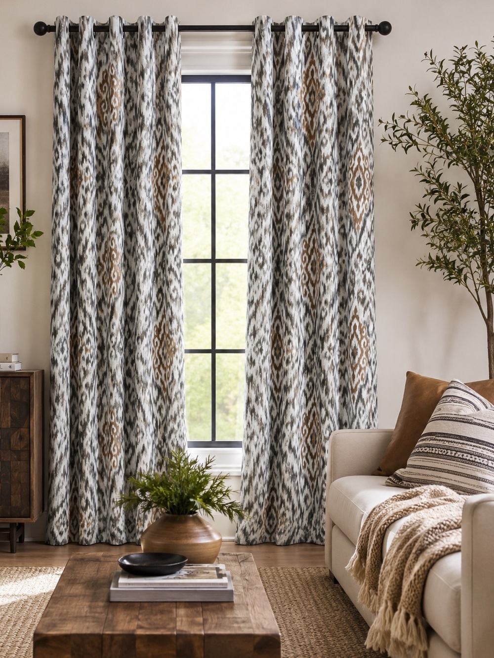 Neutral Ikat Pattern Curtain Panel - Grey & Tan